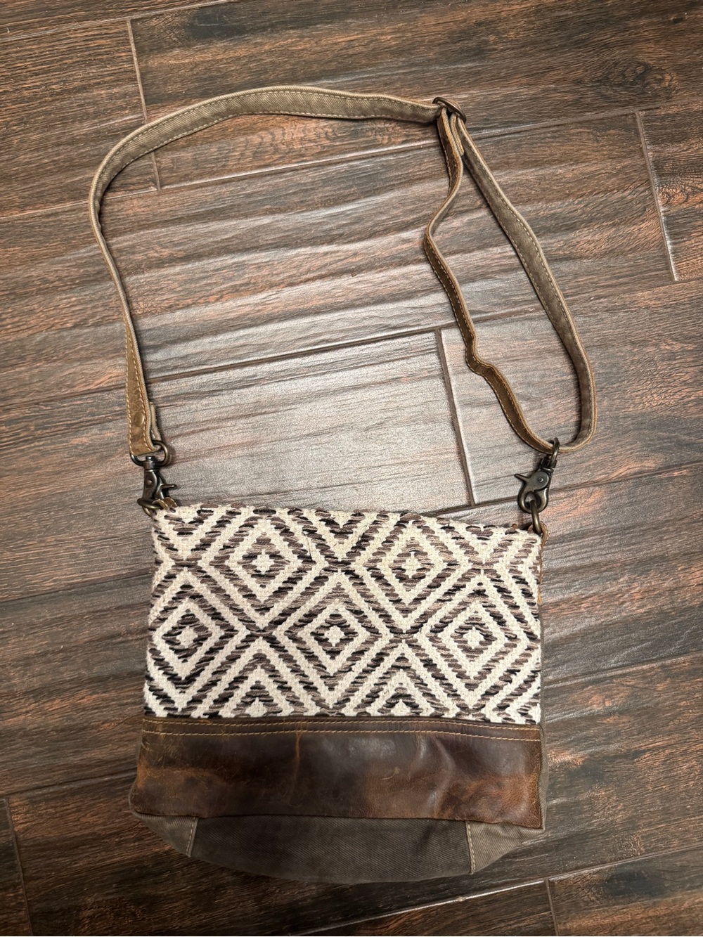 Myra Bag Distressed Leather Woven Canvas Boho Crossbody Bag Western Medium Large
